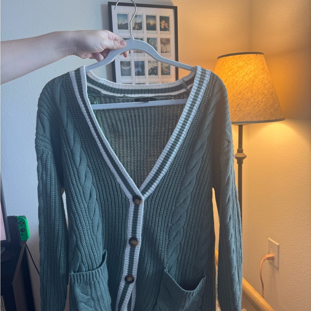 Green Cable Knit Cardigan Sweater